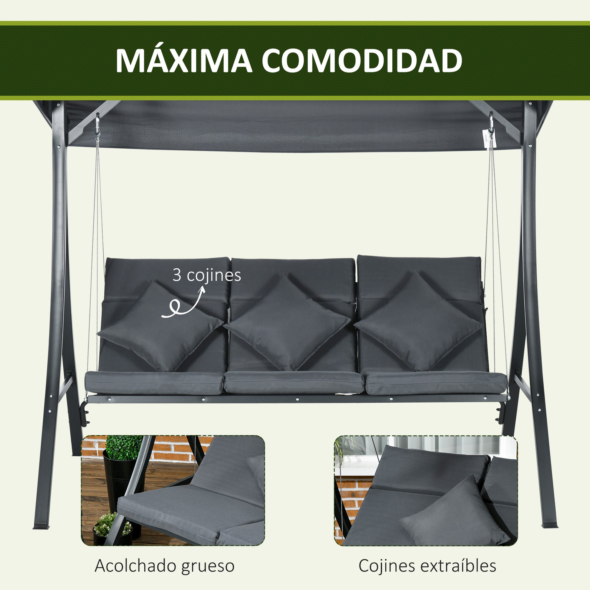 3-Seater Garden Swing with Adjustable Awning, 3 Cushions, and Steel Frame for Terrace Patio Balcony Load 320 kg 202x115x168 cm Dark Grey