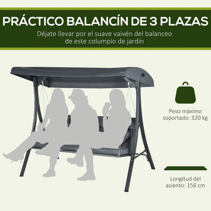 3-Seater Garden Swing with Adjustable Awning, 3 Cushions, and Steel Frame for Terrace Patio Balcony Load 320 kg 202x115x168 cm Dark Grey