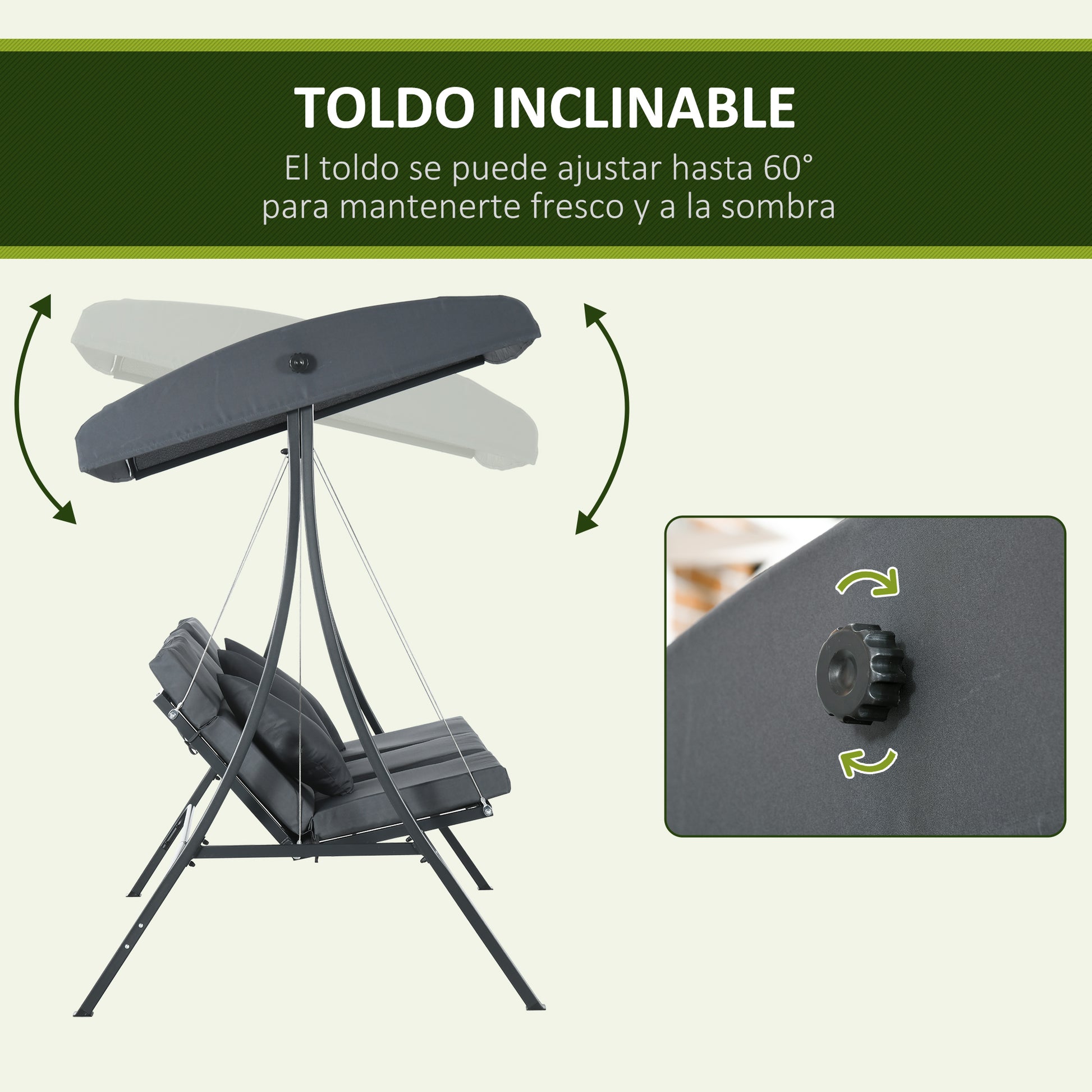 3-Seater Garden Swing with Adjustable Awning, 3 Cushions, and Steel Frame for Terrace Patio Balcony Load 320 kg 202x115x168 cm Dark Grey