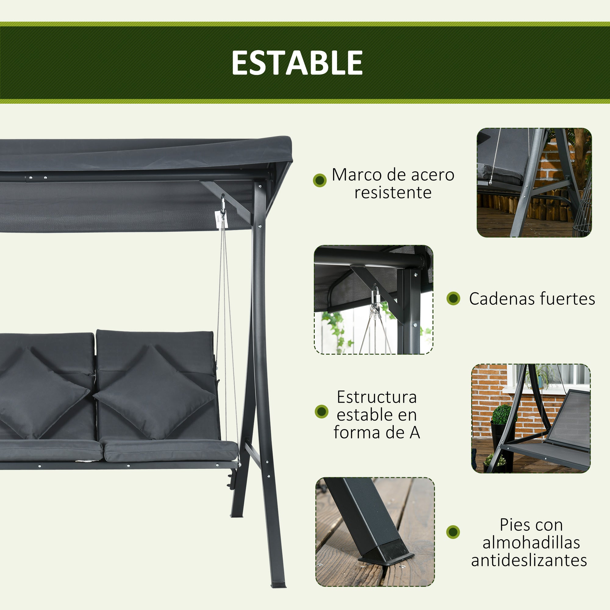 3-Seater Garden Swing with Adjustable Awning, 3 Cushions, and Steel Frame for Terrace Patio Balcony Load 320 kg 202x115x168 cm Dark Grey