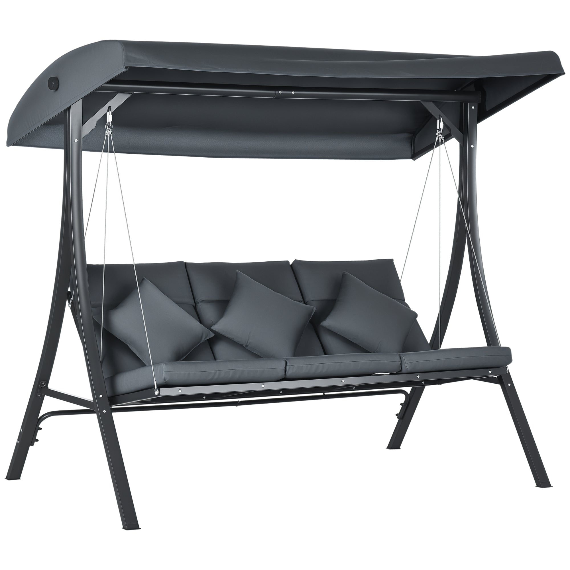 3-Seater Garden Swing with Adjustable Awning, 3 Cushions, and Steel Frame for Terrace Patio Balcony Load 320 kg 202x115x168 cm Dark Grey