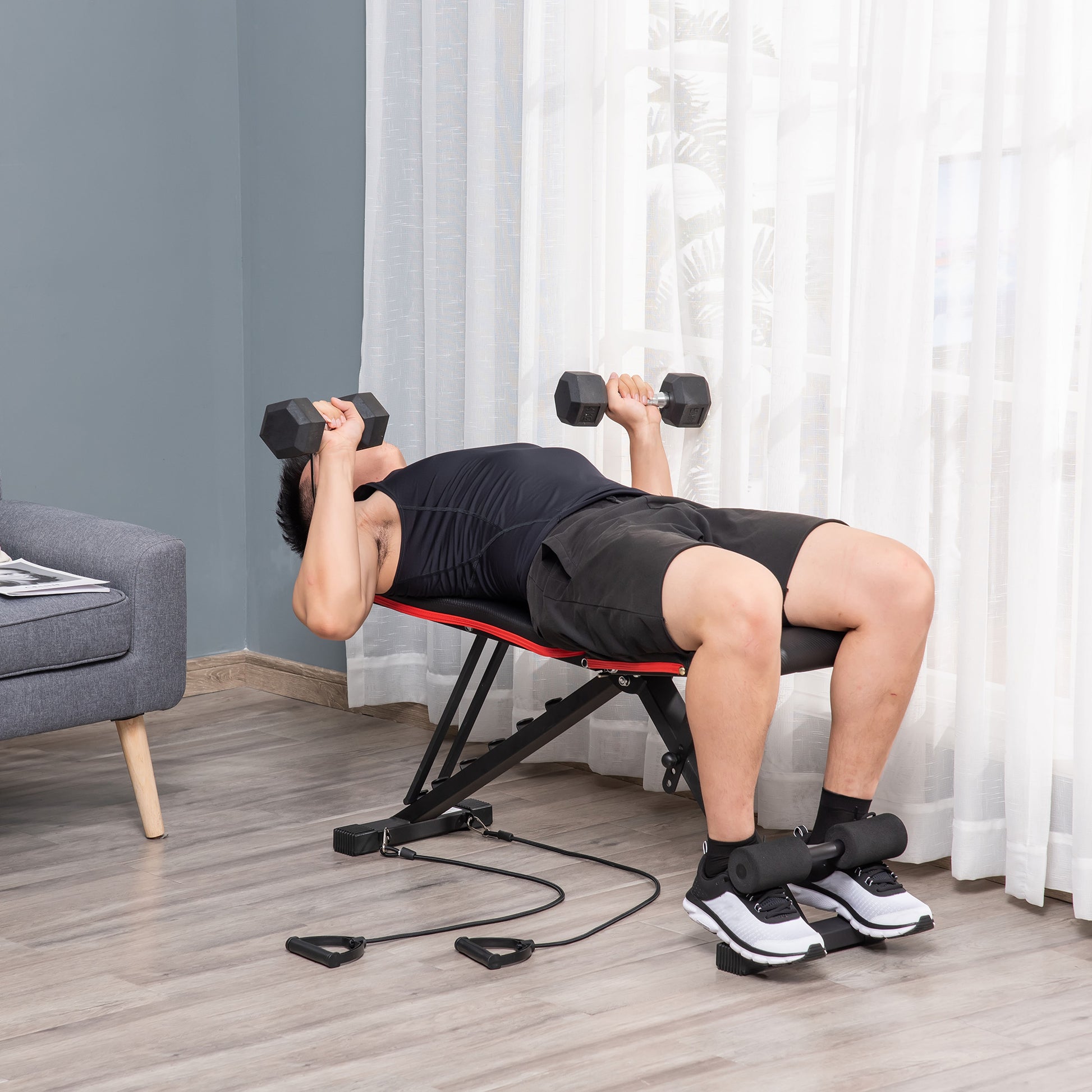 Multifunction Bench 2 in 1 with Adjustable Incline, Padded Bench for Abs and Weights with Elastic Cords for Home and Gym, Black