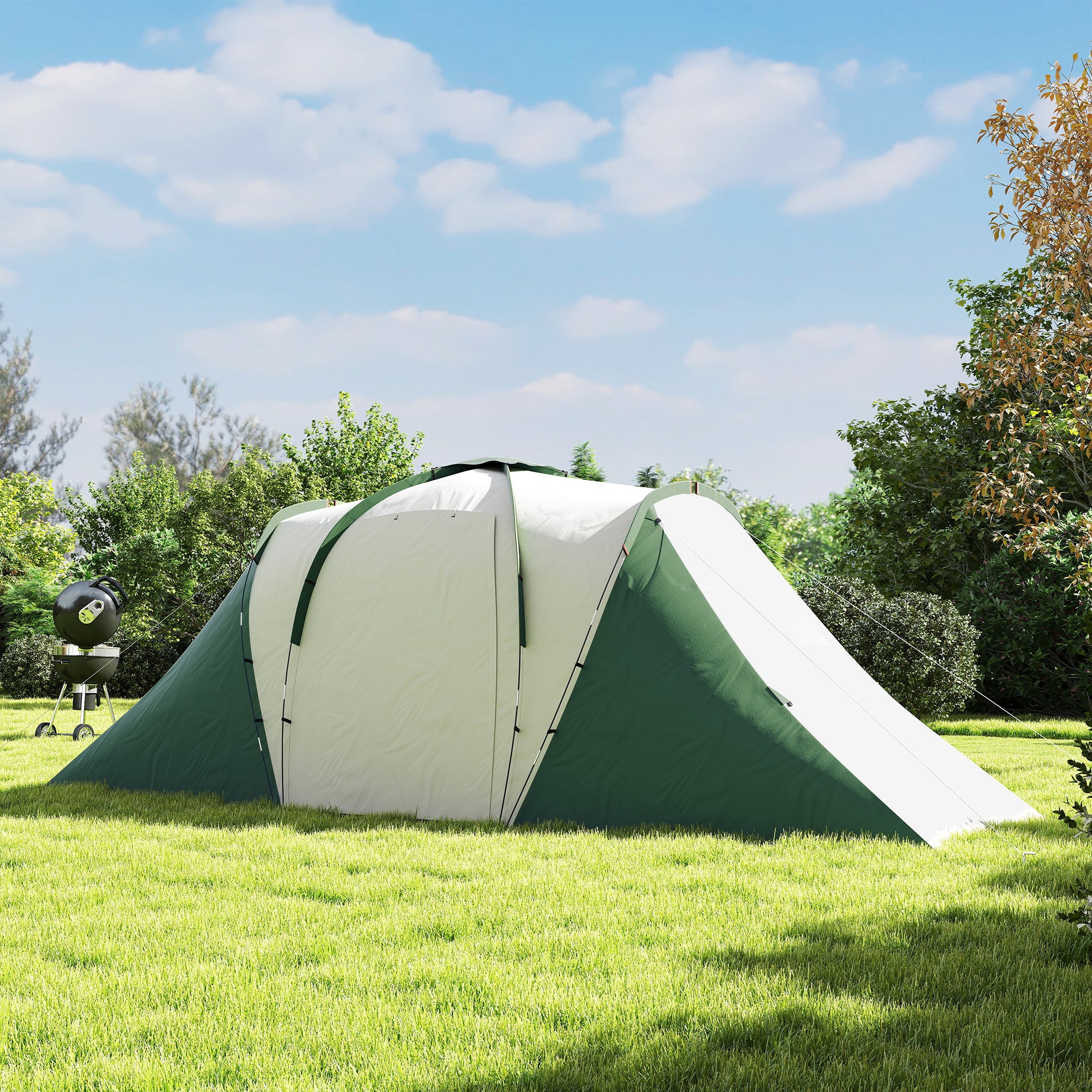 Family Tunnel Camping Tent for 4-6 People 555x225x190 cm Waterproof 3000 mm Foldable Camping Tent with 2 Bedrooms Hiking Bag Gray and Green