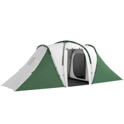 Family Tunnel Camping Tent for 4-6 People 555x225x190 cm Waterproof 3000 mm Foldable Camping Tent with 2 Bedrooms Hiking Bag Gray and Green