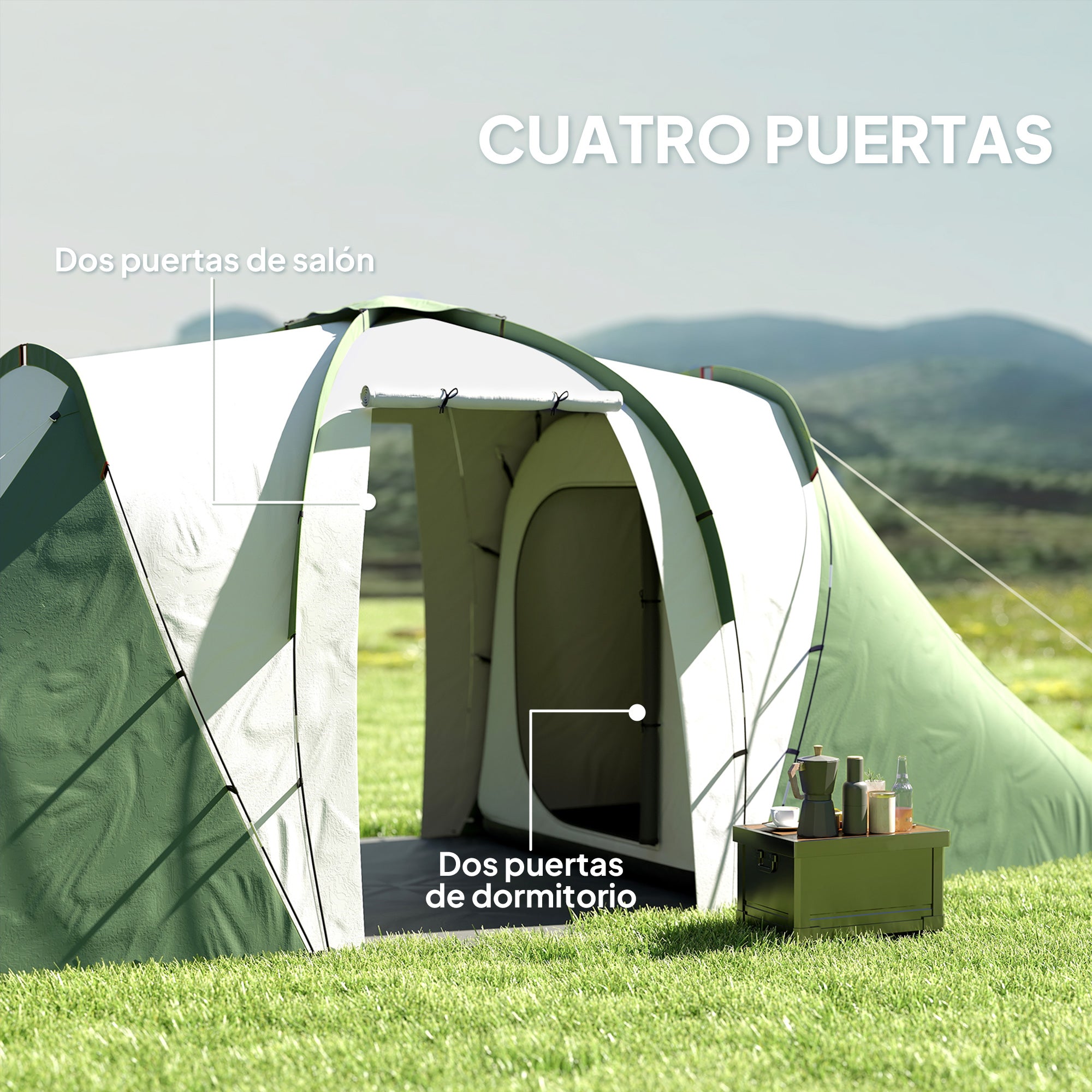 Family Tunnel Camping Tent for 4-6 People 555x225x190 cm Waterproof 3000 mm Foldable Camping Tent with 2 Bedrooms Hiking Bag Gray and Green