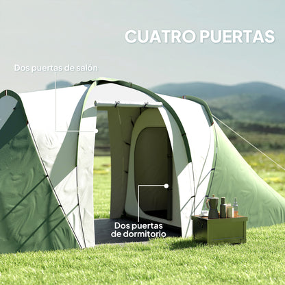 Family Tunnel Camping Tent for 4-6 People 555x225x190 cm Waterproof 3000 mm Foldable Camping Tent with 2 Bedrooms Hiking Bag Gray and Green