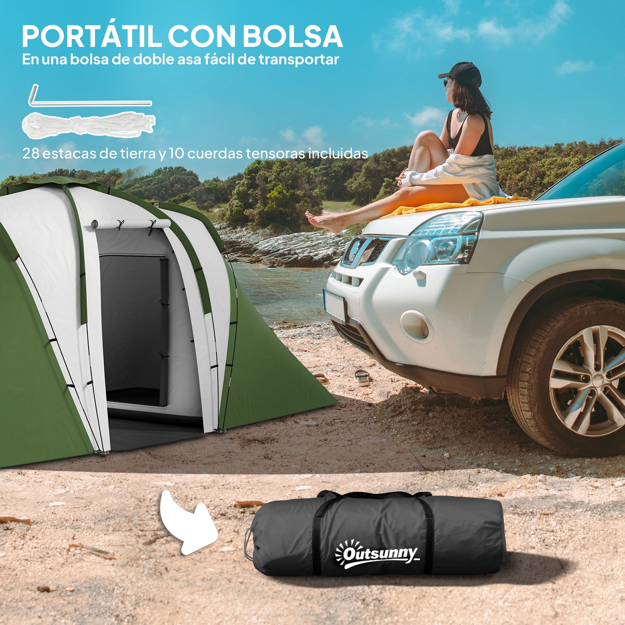 Family Tunnel Camping Tent for 4-6 People 555x225x190 cm Waterproof 3000 mm Foldable Camping Tent with 2 Bedrooms Hiking Bag Gray and Green