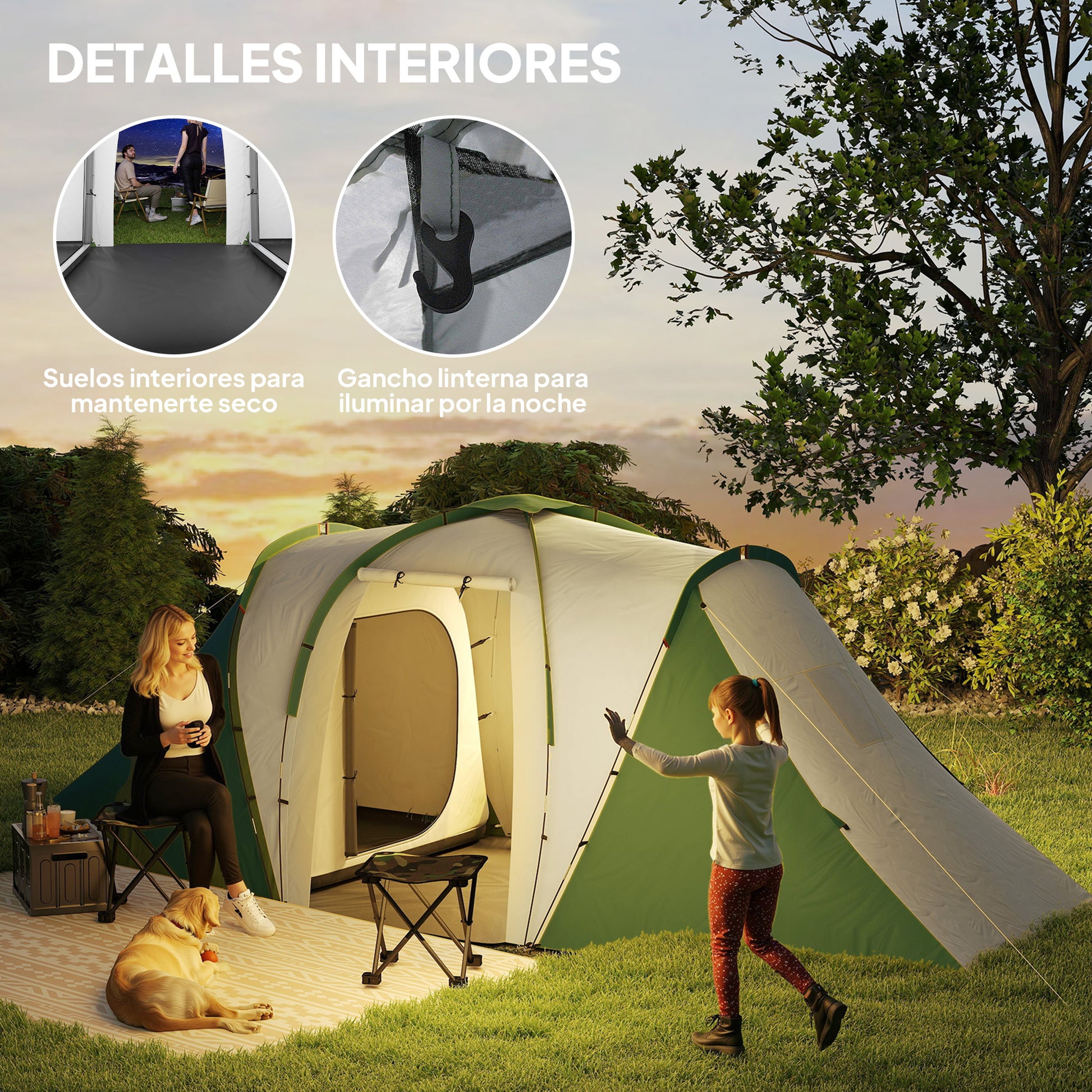 Family Tunnel Camping Tent for 4-6 People 555x225x190 cm Waterproof 3000 mm Foldable Camping Tent with 2 Bedrooms Hiking Bag Gray and Green