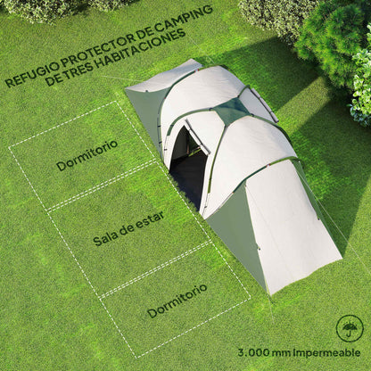 Family Tunnel Camping Tent for 4-6 People 555x225x190 cm Waterproof 3000 mm Foldable Camping Tent with 2 Bedrooms Hiking Bag Gray and Green