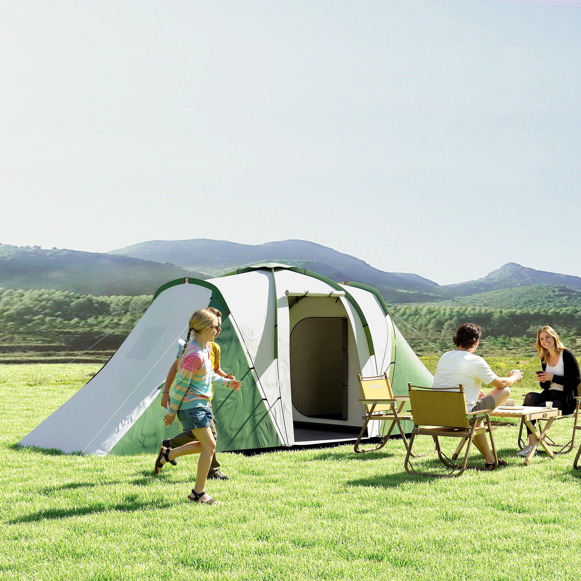 Family Tunnel Camping Tent for 4-6 People 555x225x190 cm Waterproof 3000 mm Foldable Camping Tent with 2 Bedrooms Hiking Bag Gray and Green