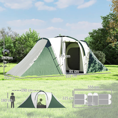 Family Tunnel Camping Tent for 4-6 People 555x225x190 cm Waterproof 3000 mm Foldable Camping Tent with 2 Bedrooms Hiking Bag Gray and Green