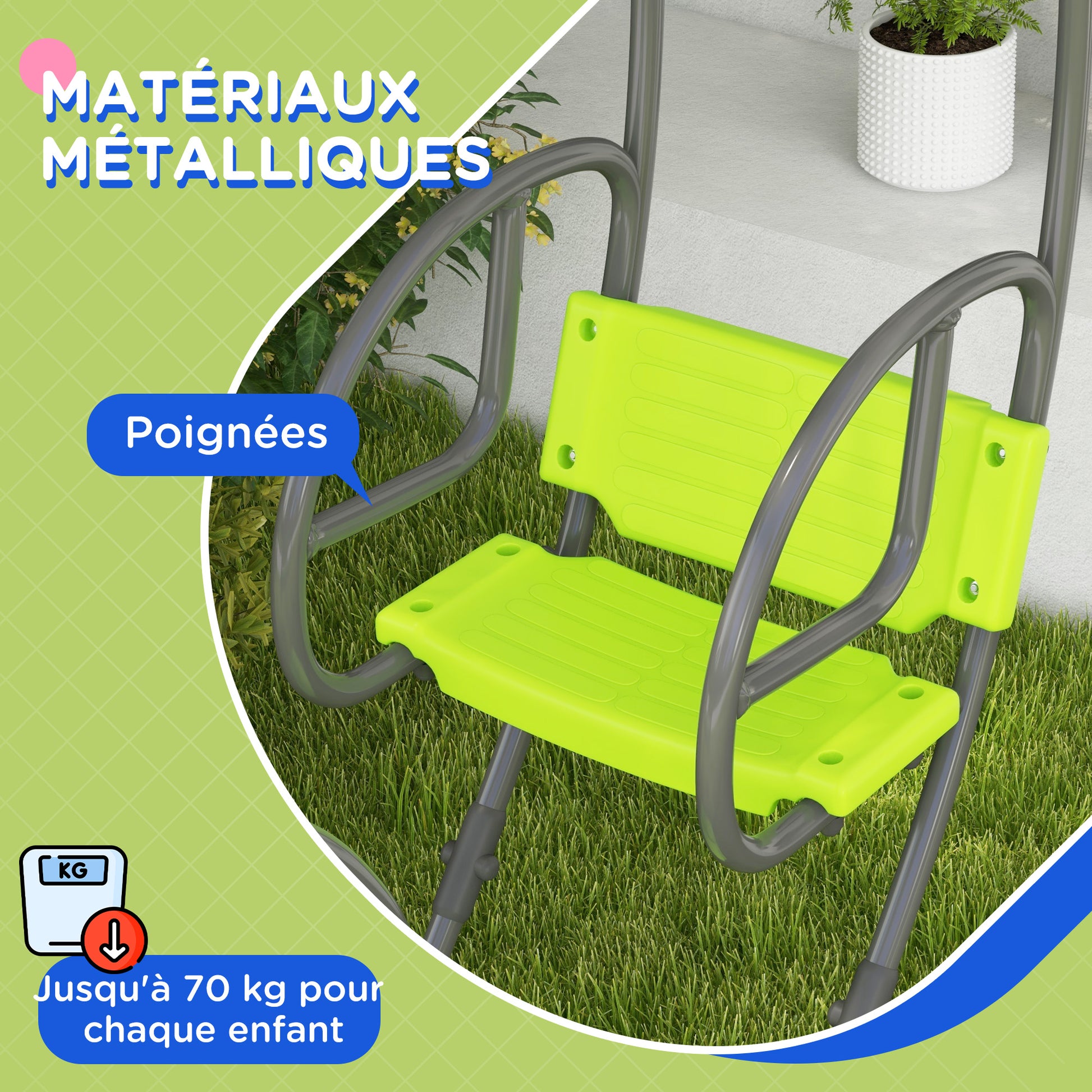 Children's Swing Garden Swing Metal Structure with Handles for 2 Children aged 3 to 6 years 110.5 x 40.5 x 180 cm Green