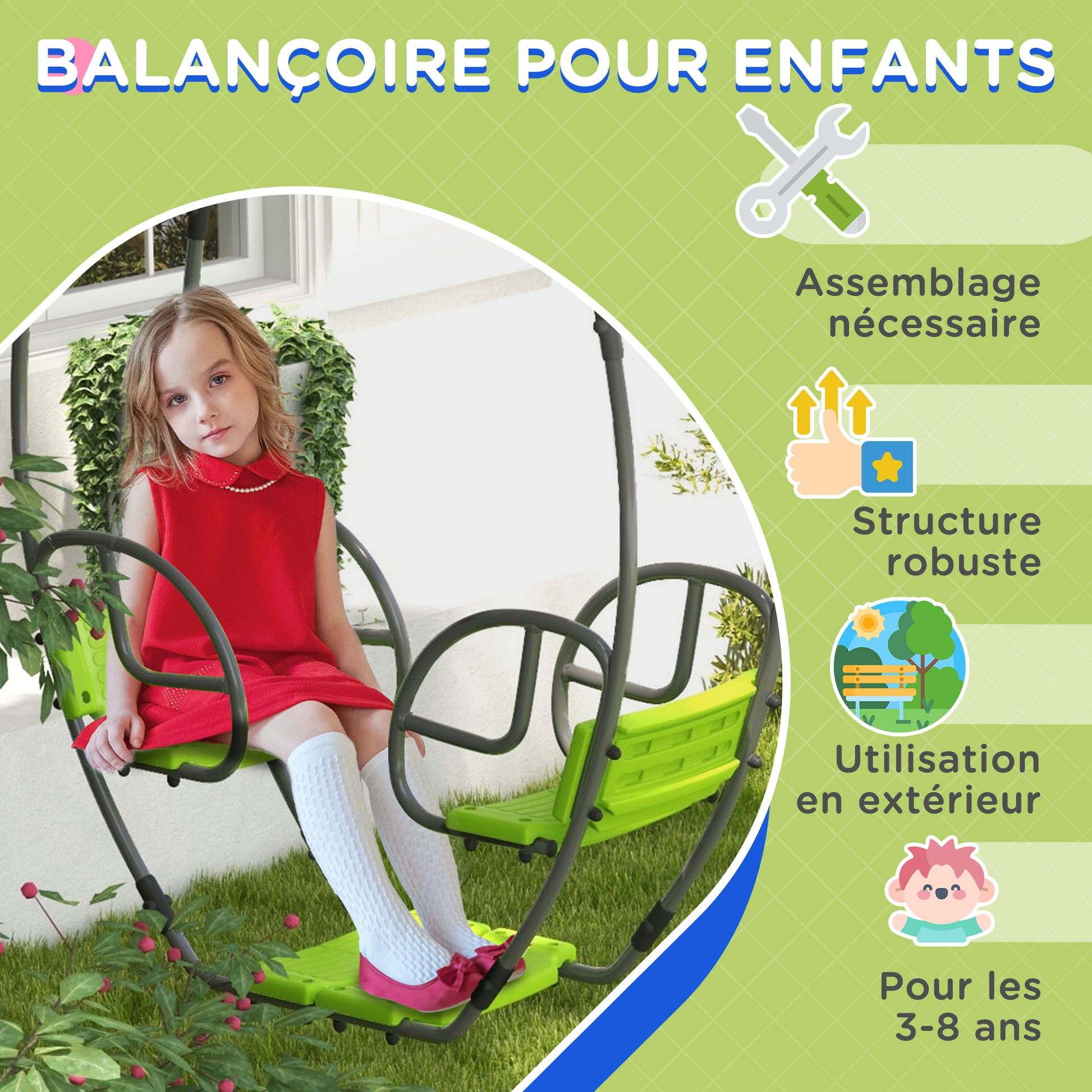 Children's Swing Garden Swing Metal Structure with Handles for 2 Children aged 3 to 6 years 110.5 x 40.5 x 180 cm Green