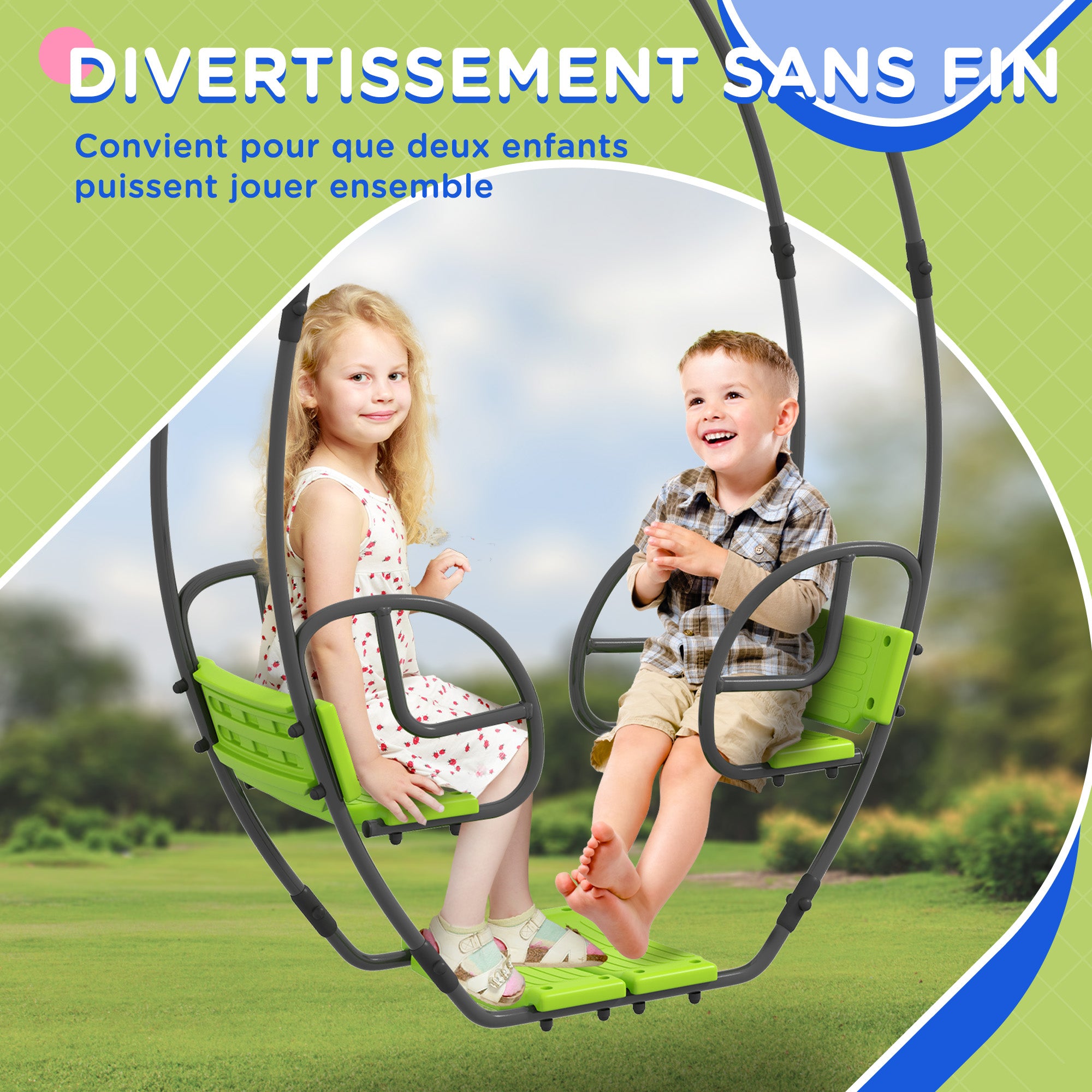 Children's Swing Garden Swing Metal Structure with Handles for 2 Children aged 3 to 6 years 110.5 x 40.5 x 180 cm Green