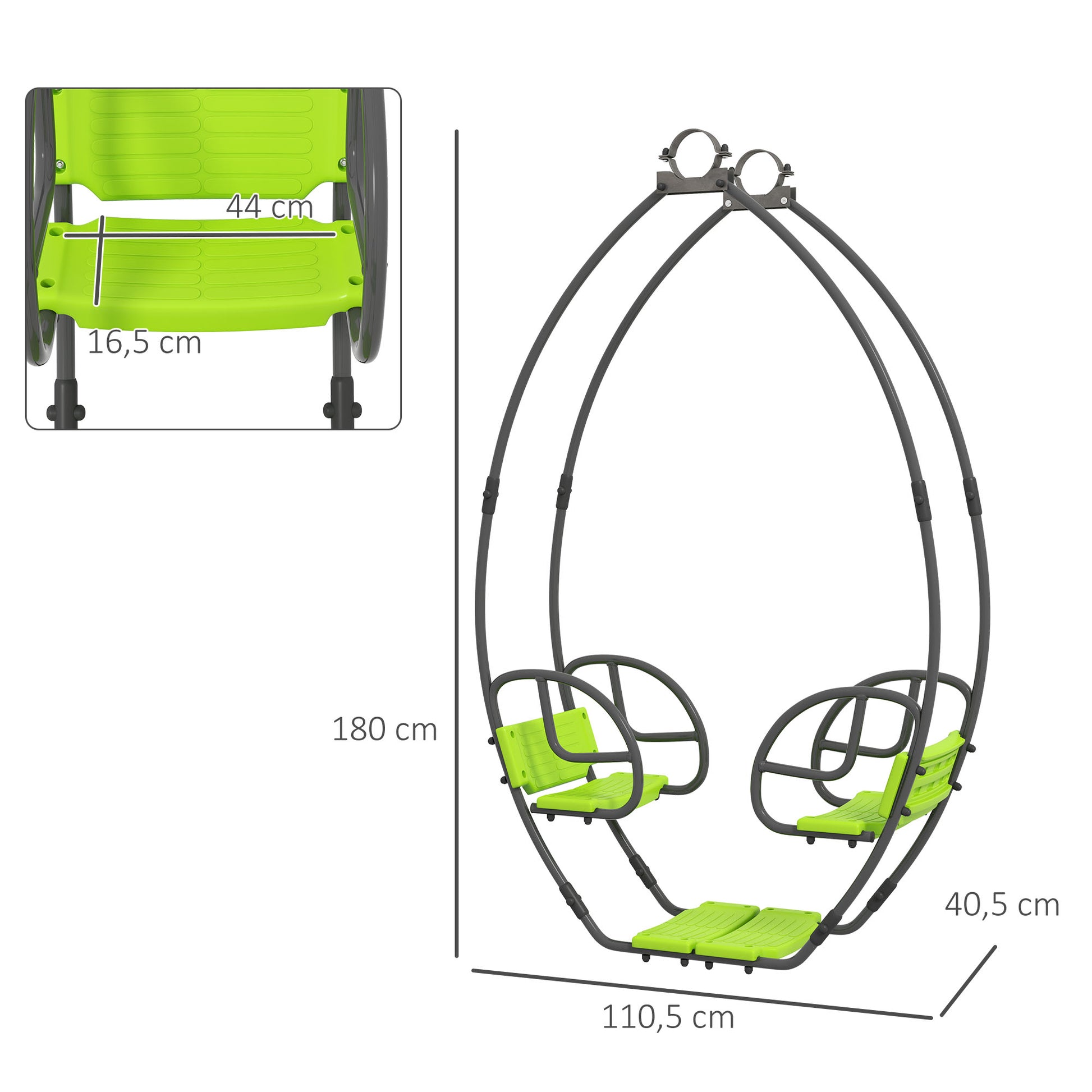 Children's Swing Garden Swing Metal Structure with Handles for 2 Children aged 3 to 6 years 110.5 x 40.5 x 180 cm Green