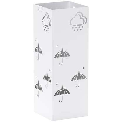 Steel Umbrella Stand with 4 Hooks and Removable Drip Tray White Umbrella Holder for Entryway Office 15.5x15.5x41 cm
