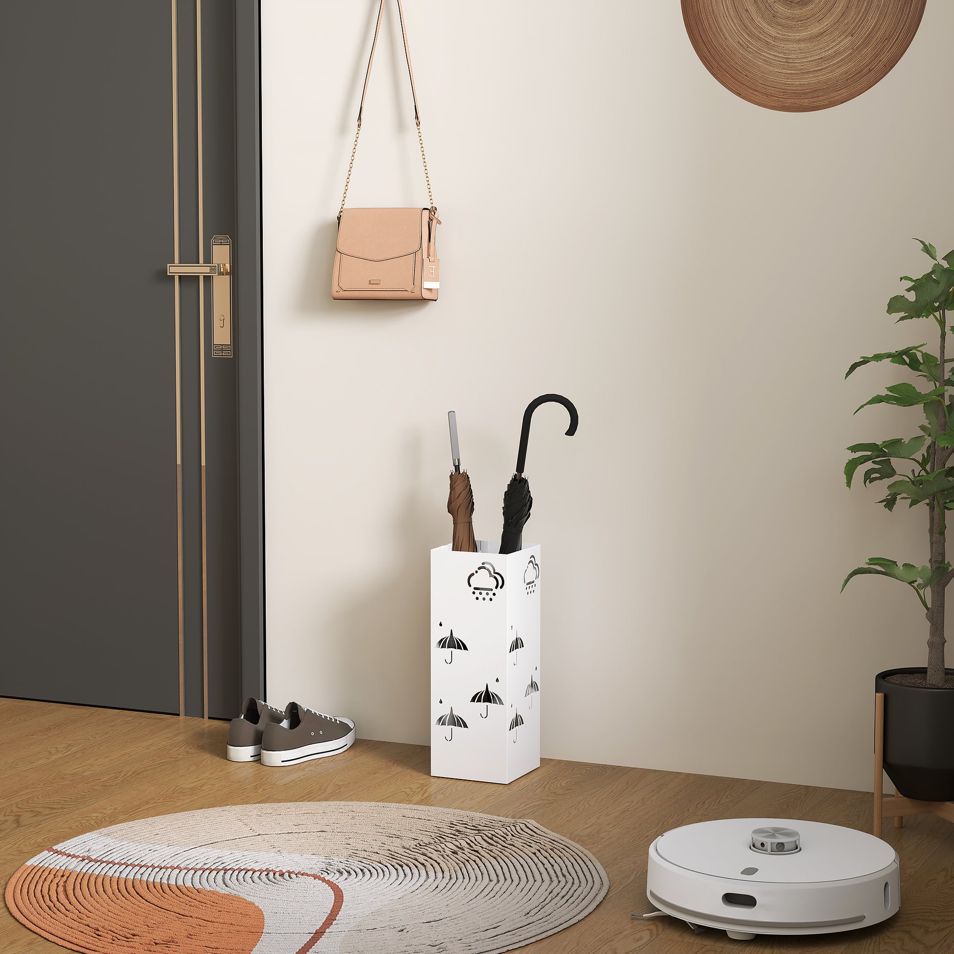 Steel Umbrella Stand with 4 Hooks and Removable Drip Tray White Umbrella Holder for Entryway Office 15.5x15.5x41 cm