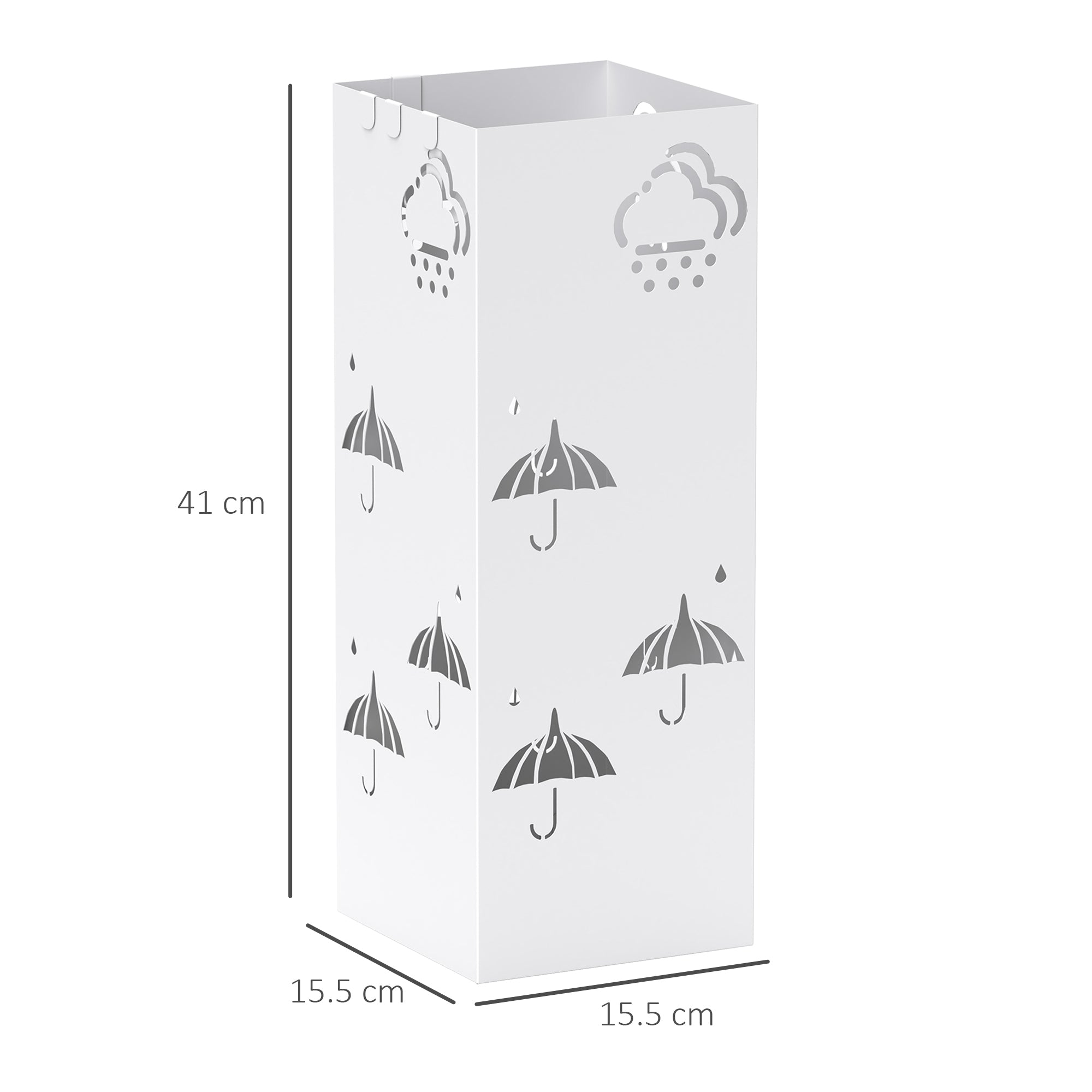 Steel Umbrella Stand with 4 Hooks and Removable Drip Tray White Umbrella Holder for Entryway Office 15.5x15.5x41 cm