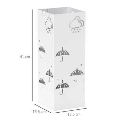 Steel Umbrella Stand with 4 Hooks and Removable Drip Tray White Umbrella Holder for Entryway Office 15.5x15.5x41 cm