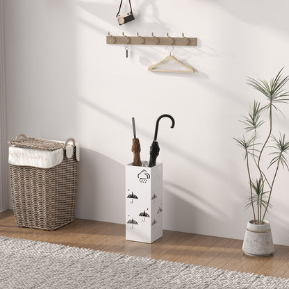 Steel Umbrella Stand with 4 Hooks and Removable Drip Tray White Umbrella Holder for Entryway Office 15.5x15.5x41 cm