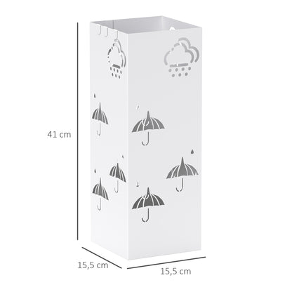 Steel Umbrella Stand with 4 Hooks and Removable Drip Tray White Umbrella Holder for Entryway Office 15.5x15.5x41 cm