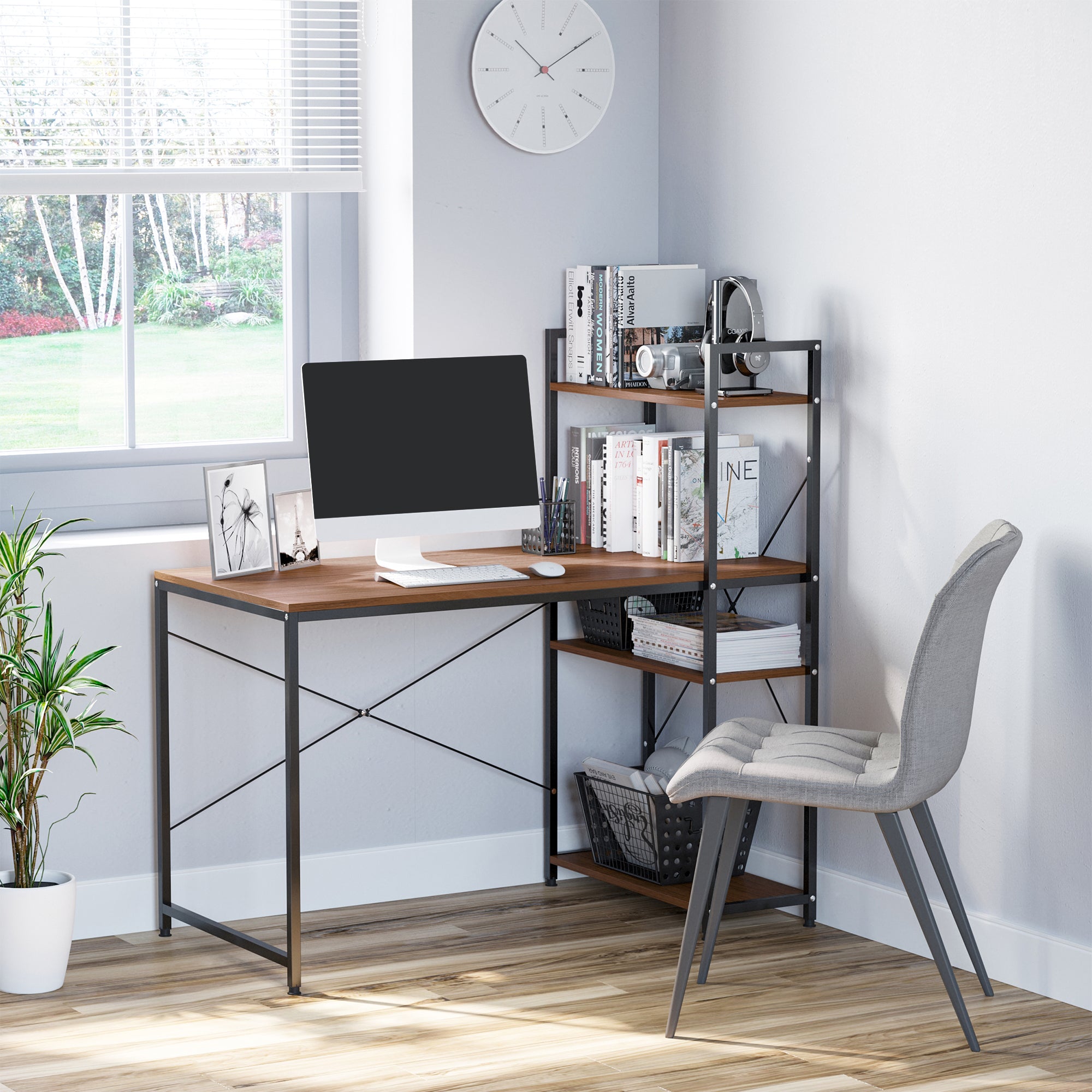 Corner Desk with Industrial Design Storage with 3-Shelf Library Particle Board Walnut Metal Black