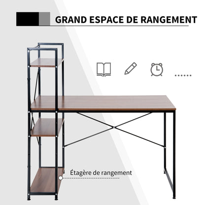 Corner Desk with Industrial Design Storage with 3-Shelf Library Particle Board Walnut Metal Black