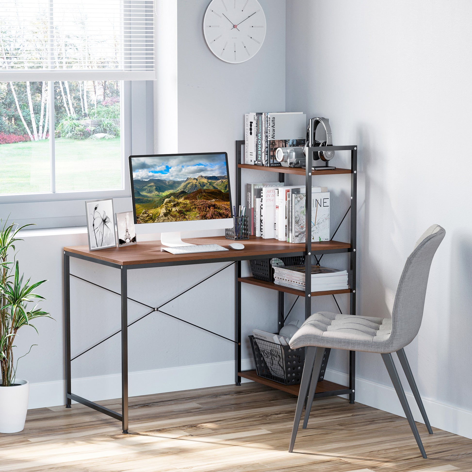 Corner Desk with Industrial Design Storage with 3-Shelf Library Particle Board Walnut Metal Black