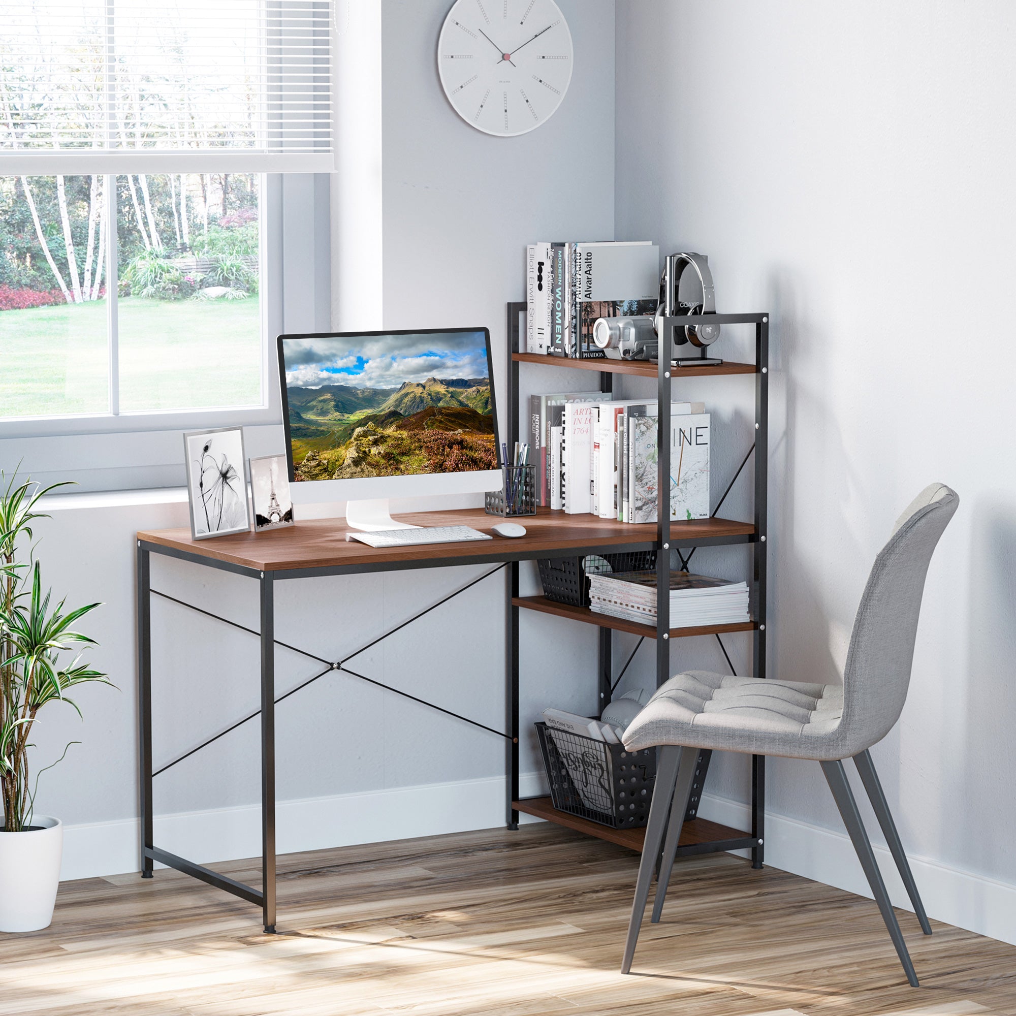 Corner Desk with Industrial Design Storage with 3-Shelf Library Particle Board Walnut Metal Black