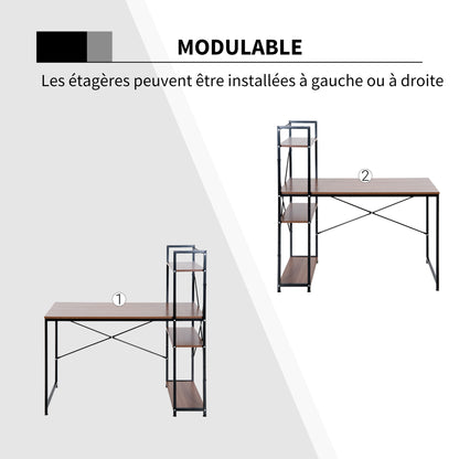 Corner Desk with Industrial Design Storage with 3-Shelf Library Particle Board Walnut Metal Black