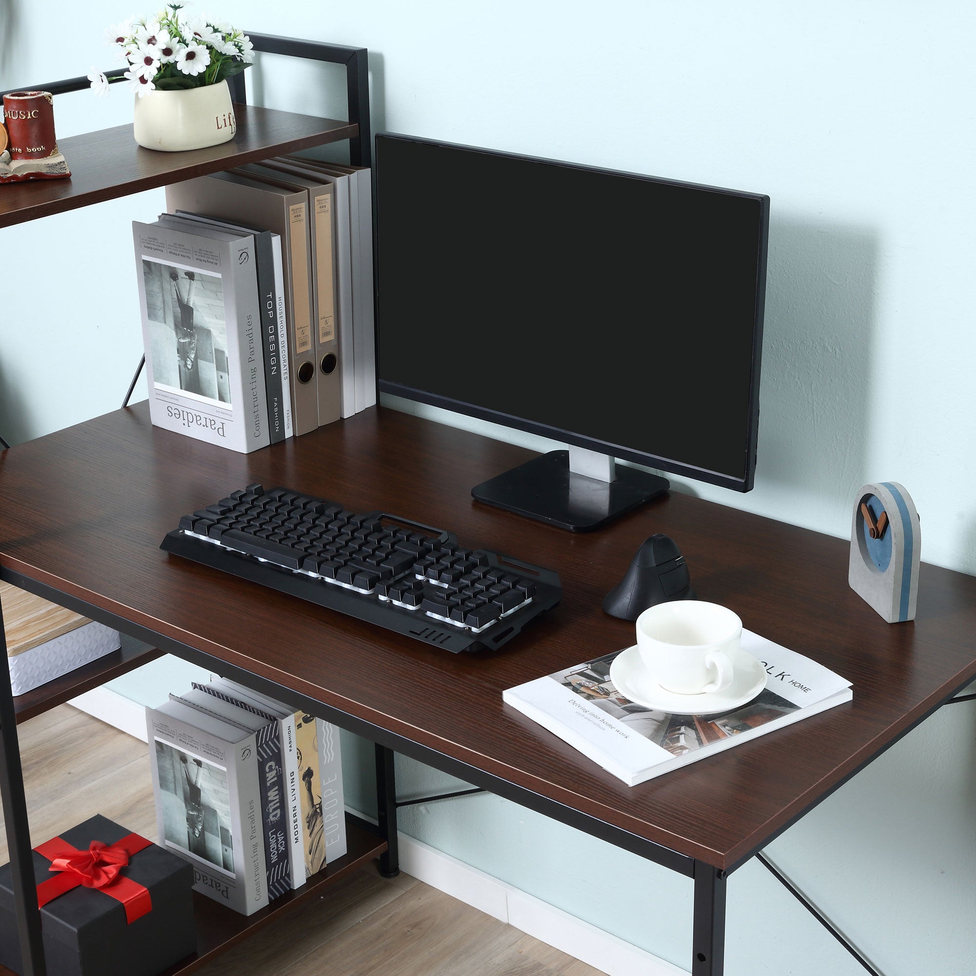 Corner Desk with Industrial Design Storage with 3-Shelf Library Particle Board Walnut Metal Black