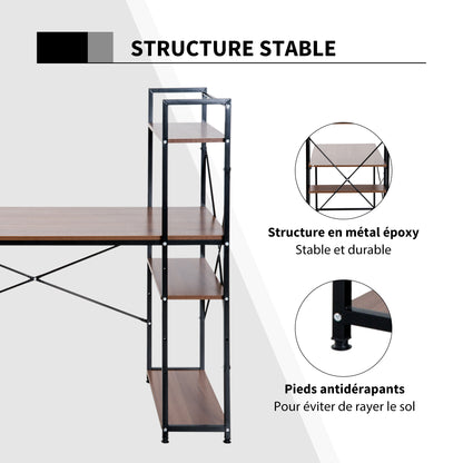 Corner Desk with Industrial Design Storage with 3-Shelf Library Particle Board Walnut Metal Black