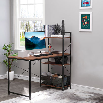 Corner Desk with Industrial Design Storage with 3-Shelf Library Particle Board Walnut Metal Black