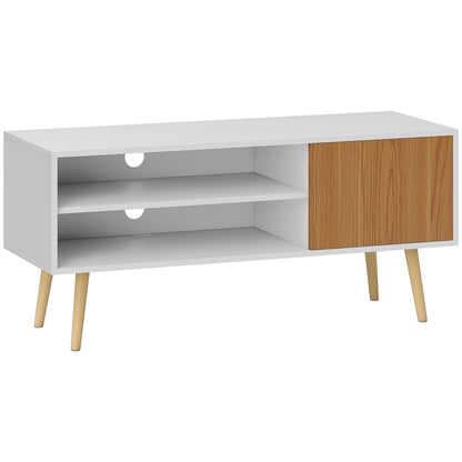 Modern TV Stand TV Cabinet for Living Room with 2 Open Compartments 1 Door and Cable Hole for 55-Inch TV 110x40x50cm White and Natural