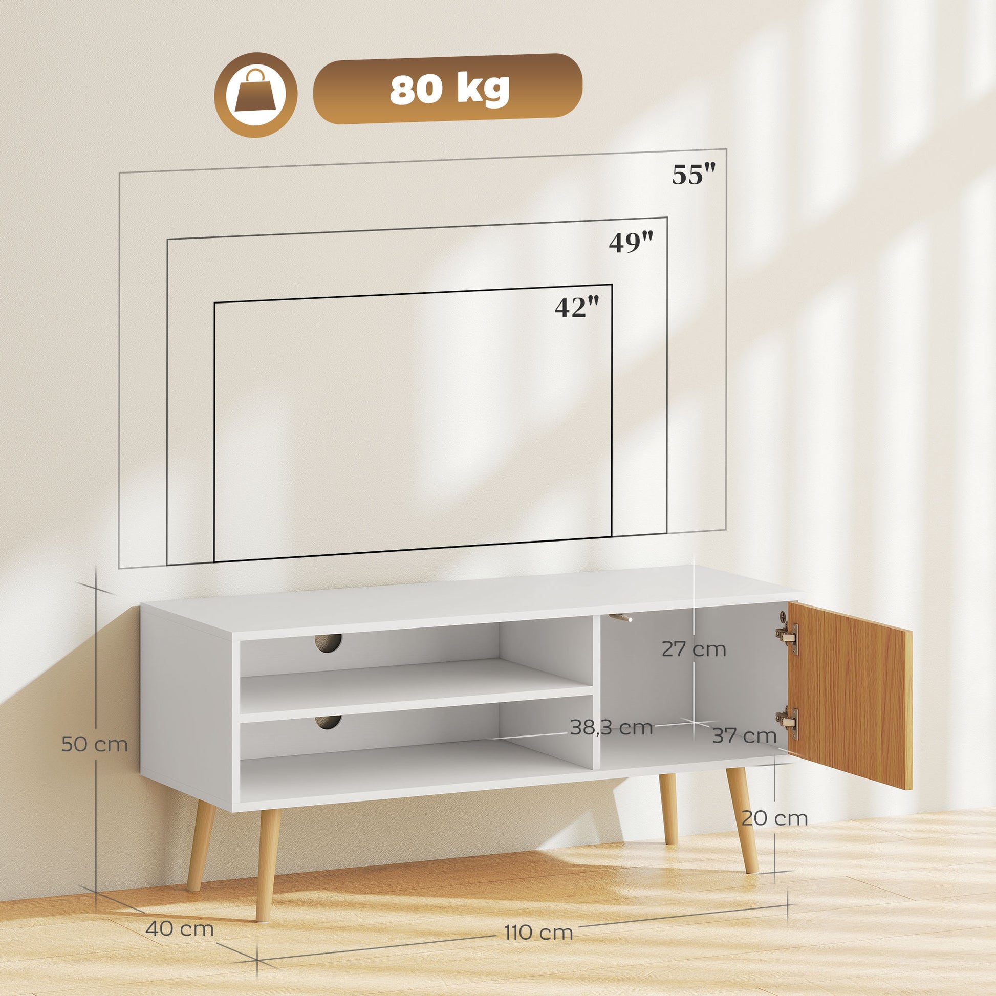 Modern TV Stand TV Cabinet for Living Room with 2 Open Compartments 1 Door and Cable Hole for 55-Inch TV 110x40x50cm White and Natural