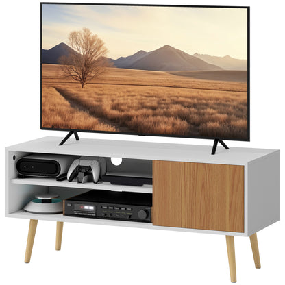 Modern TV Stand TV Cabinet for Living Room with 2 Open Compartments 1 Door and Cable Hole for 55-Inch TV 110x40x50cm White and Natural