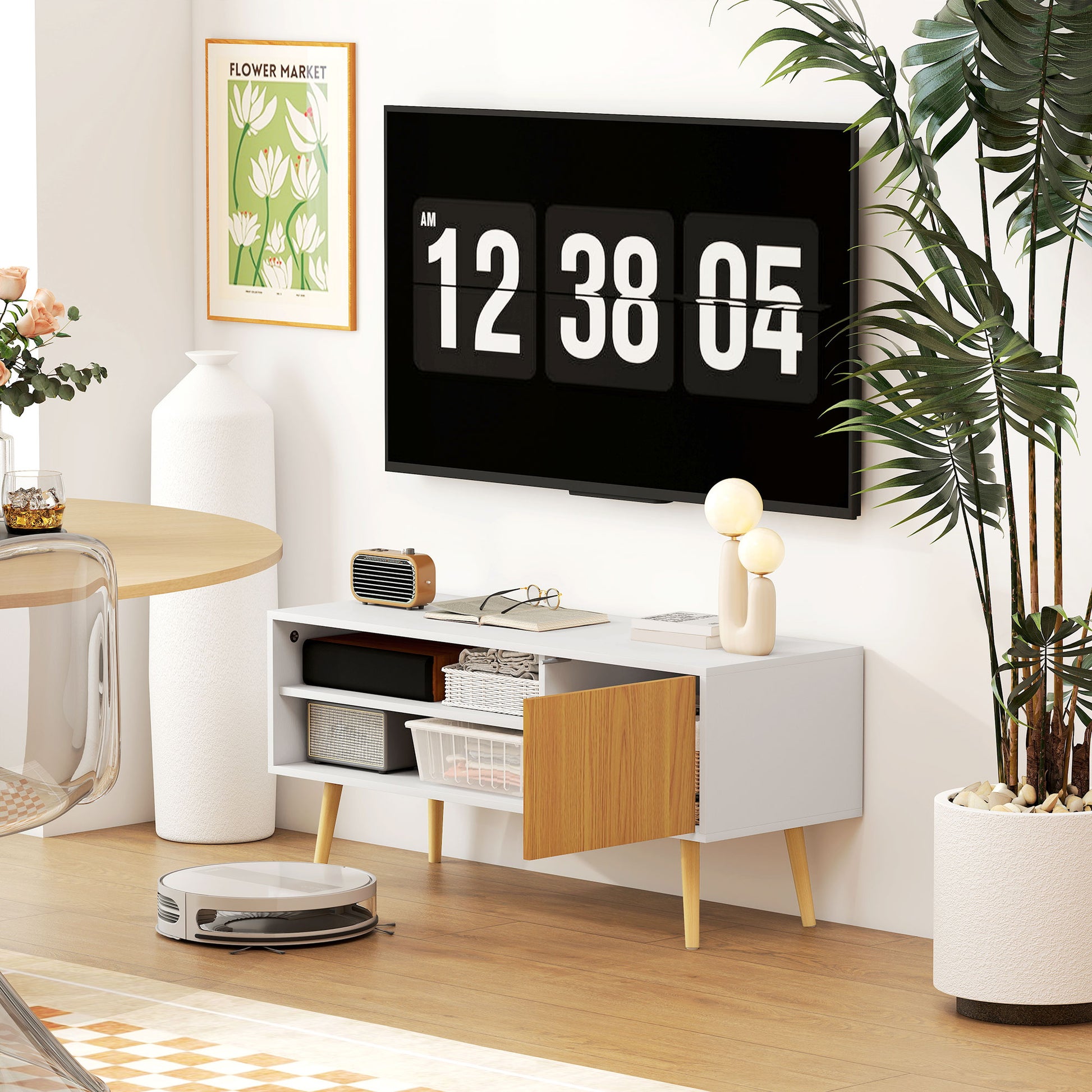 Modern TV Stand TV Cabinet for Living Room with 2 Open Compartments 1 Door and Cable Hole for 55-Inch TV 110x40x50cm White and Natural