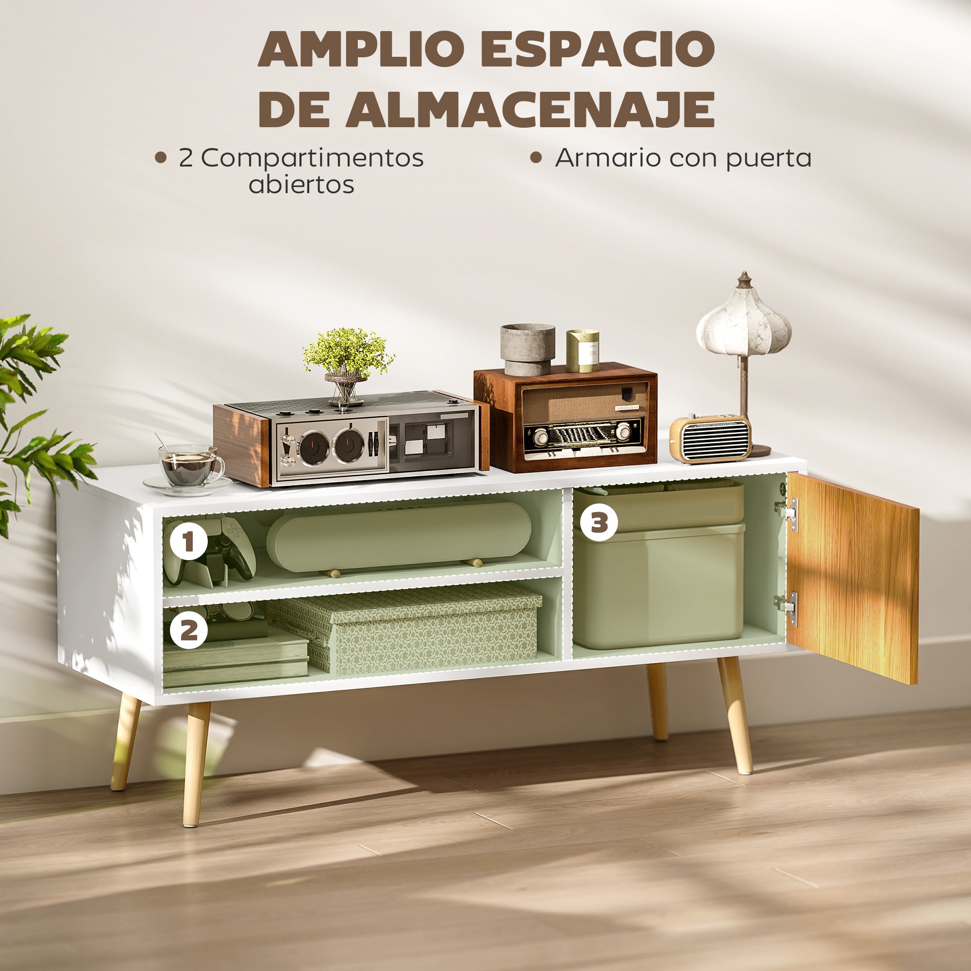 Modern TV Stand TV Cabinet for Living Room with 2 Open Compartments 1 Door and Cable Hole for 55-Inch TV 110x40x50cm White and Natural
