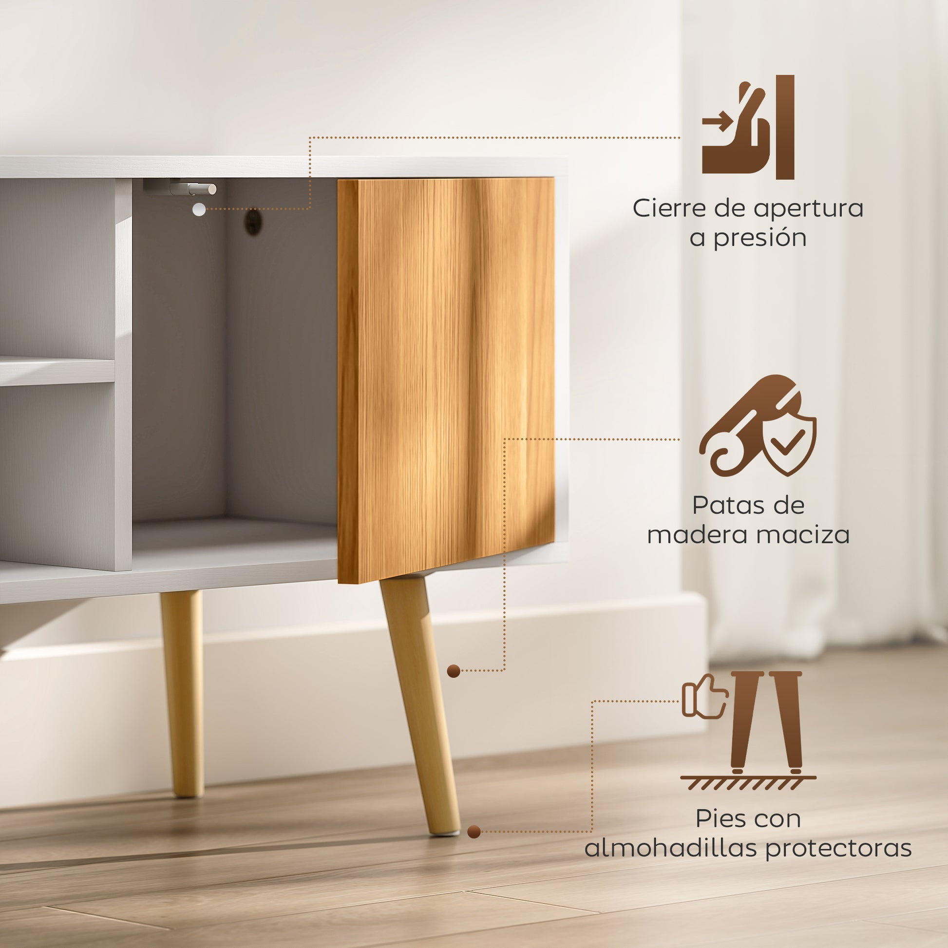 Modern TV Stand TV Cabinet for Living Room with 2 Open Compartments 1 Door and Cable Hole for 55-Inch TV 110x40x50cm White and Natural