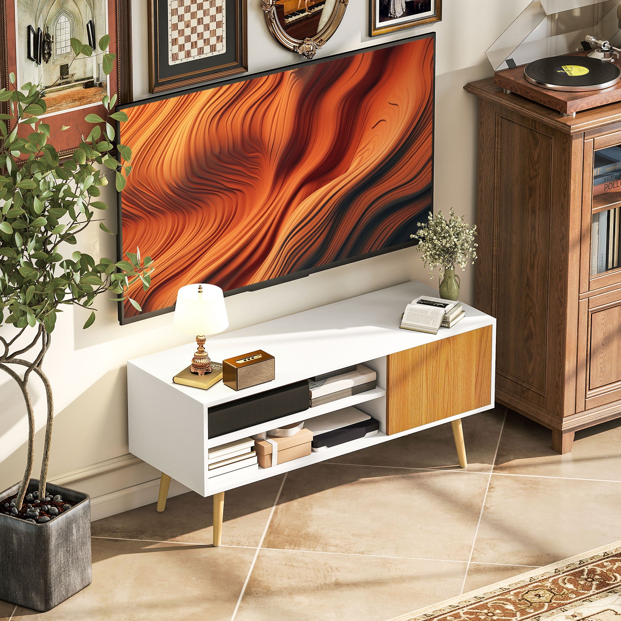 Modern TV Stand TV Cabinet for Living Room with 2 Open Compartments 1 Door and Cable Hole for 55-Inch TV 110x40x50cm White and Natural