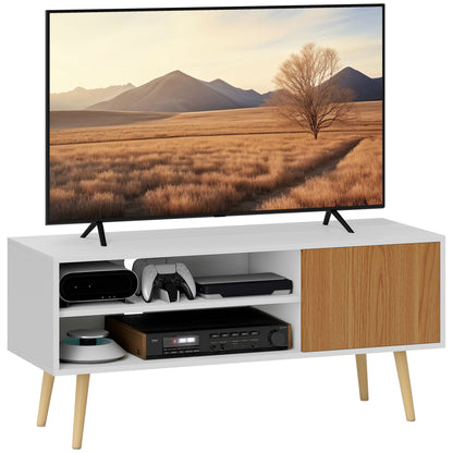 Modern TV Stand TV Cabinet for Living Room with 2 Open Compartments 1 Door and Cable Hole for 55-Inch TV 110x40x50cm White and Natural