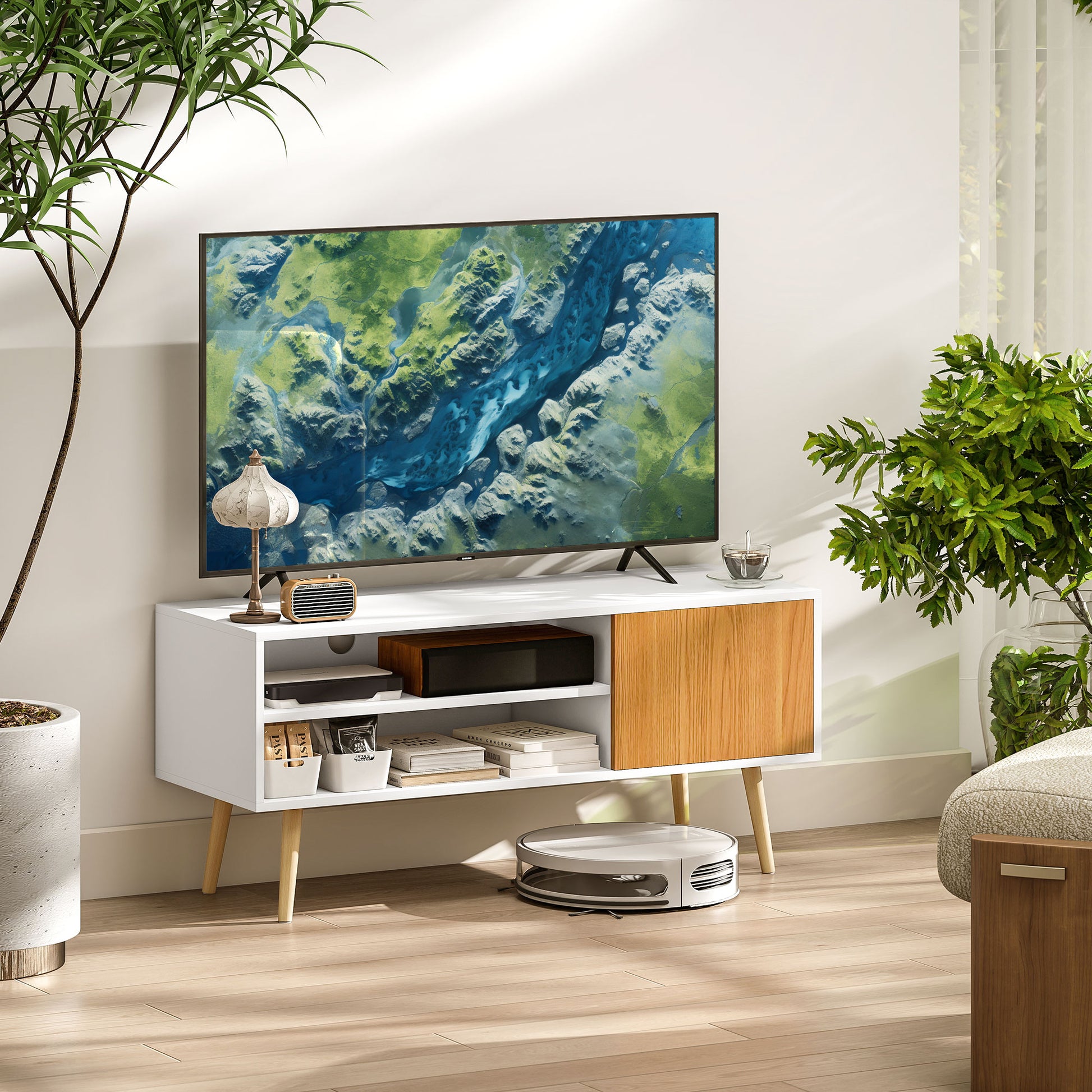 Modern TV Stand TV Cabinet for Living Room with 2 Open Compartments 1 Door and Cable Hole for 55-Inch TV 110x40x50cm White and Natural