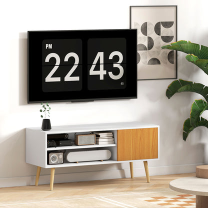 Modern TV Stand TV Cabinet for Living Room with 2 Open Compartments 1 Door and Cable Hole for 55-Inch TV 110x40x50cm White and Natural