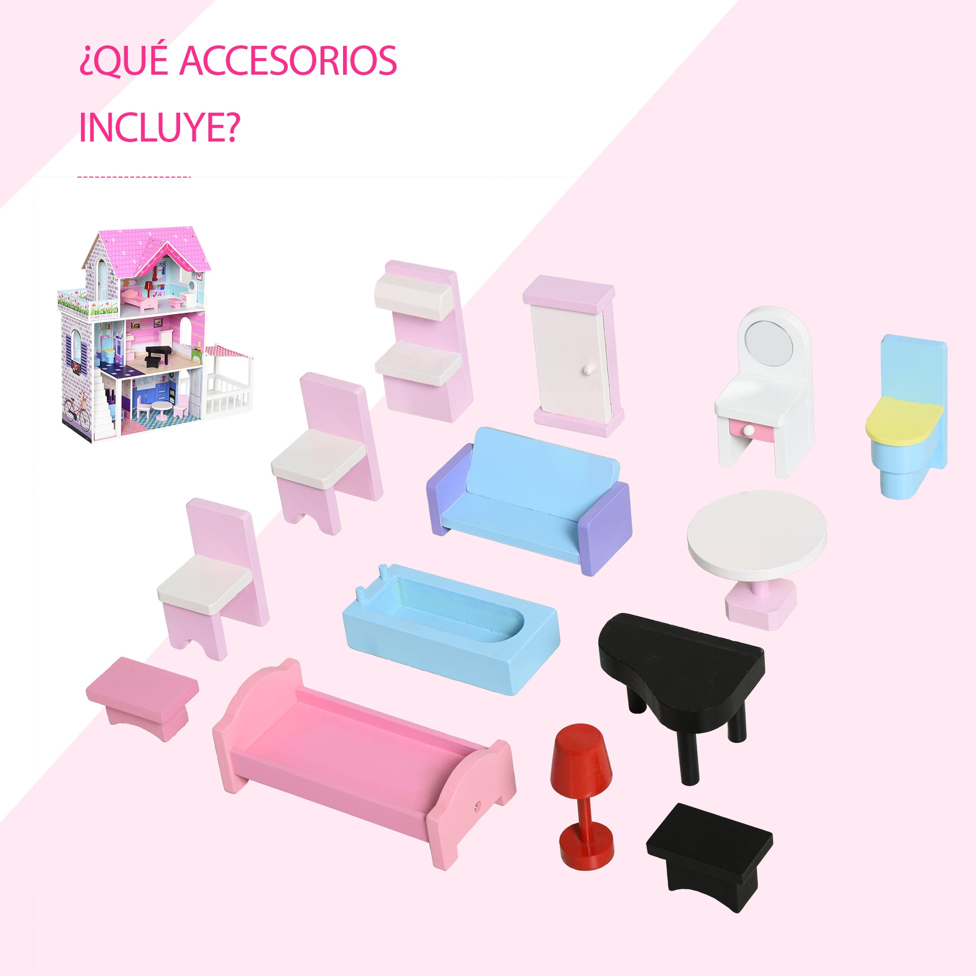 3-Story Wooden Dollhouse with Patio 86x30x87 cm 13-Piece Furniture and Accessories Cute Design Toy Dollhouse Pink