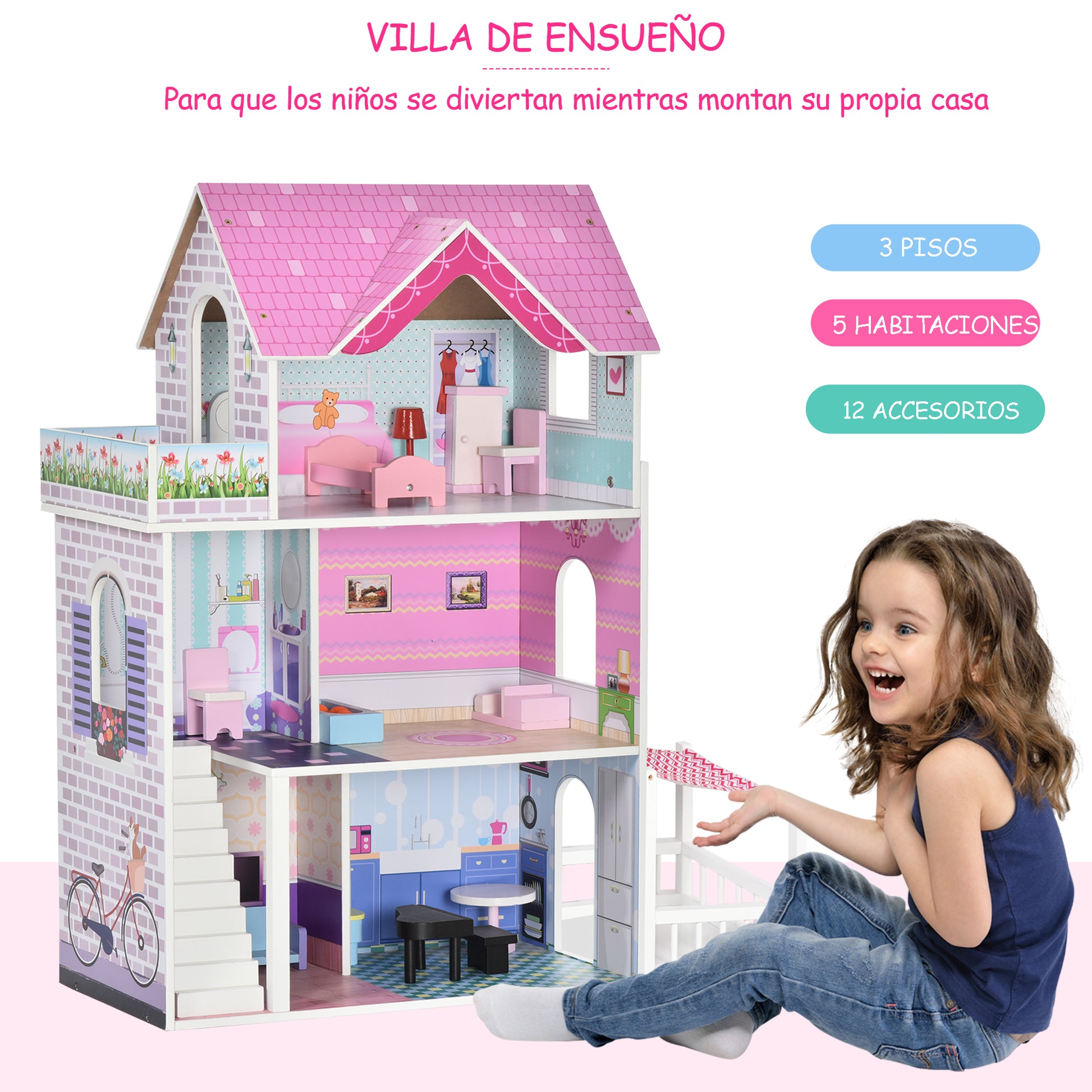 3-Story Wooden Dollhouse with Patio 86x30x87 cm 13-Piece Furniture and Accessories Cute Design Toy Dollhouse Pink