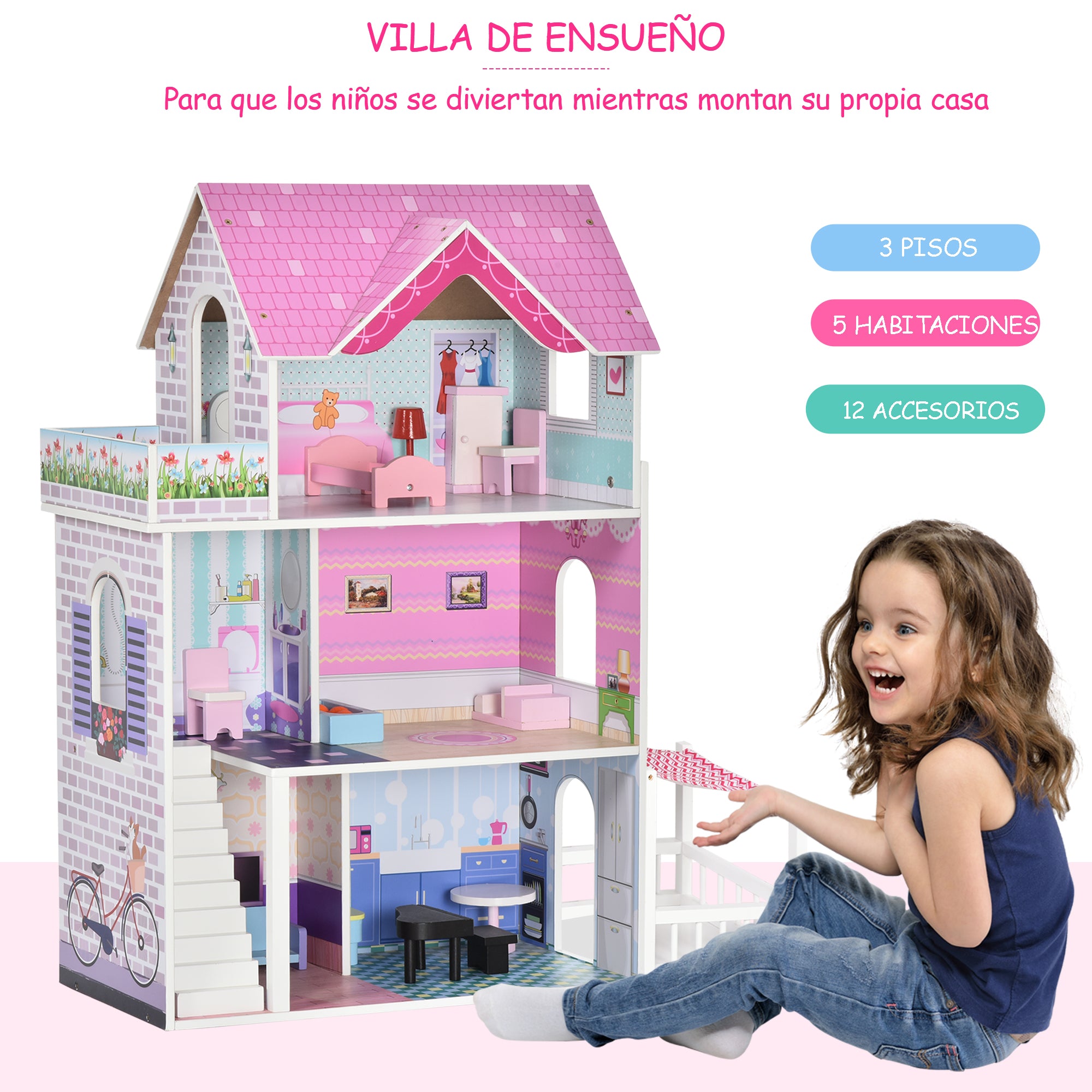 3-Story Wooden Dollhouse with Patio 86x30x87 cm 13-Piece Furniture and Accessories Cute Design Toy Dollhouse Pink