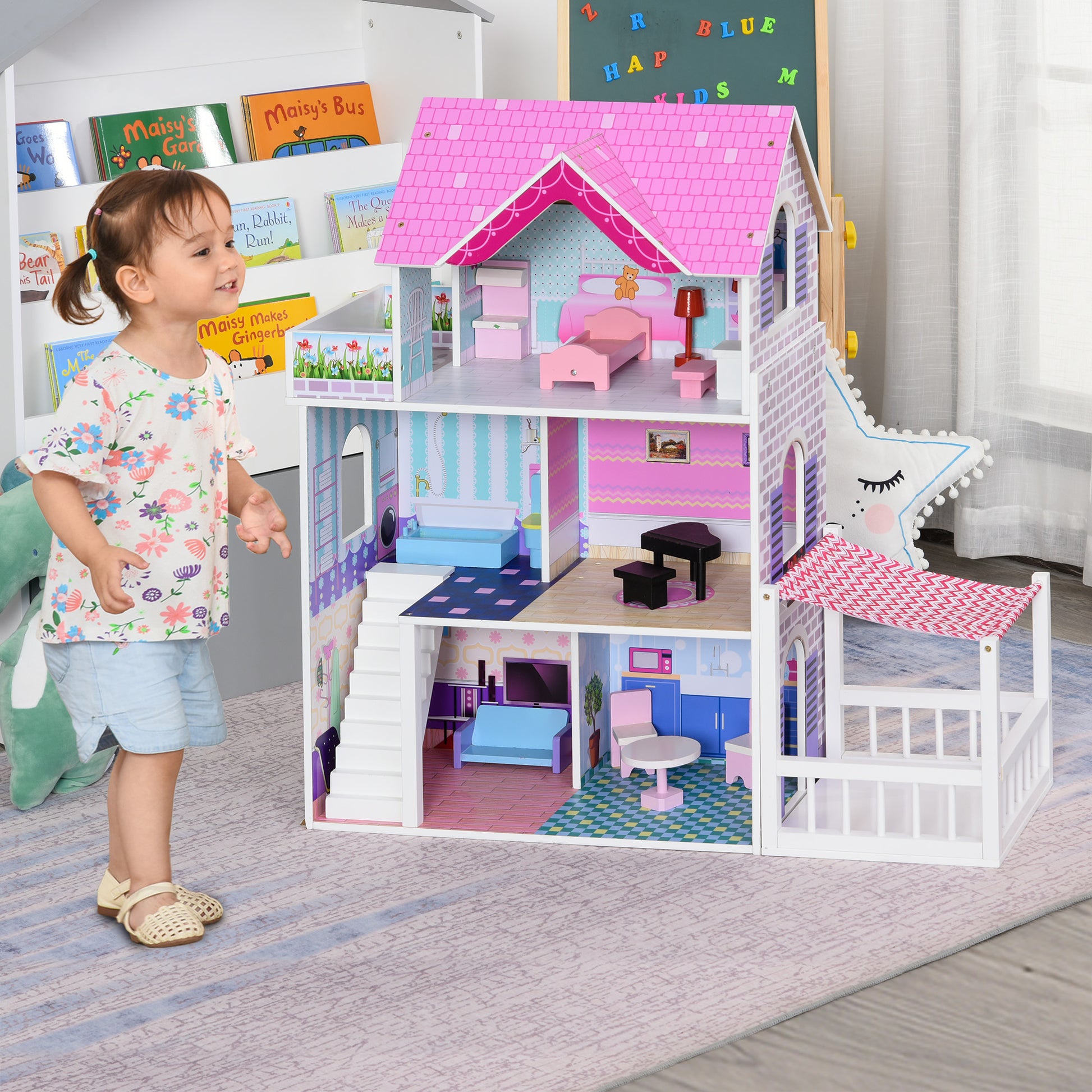 3-Story Wooden Dollhouse with Patio 86x30x87 cm 13-Piece Furniture and Accessories Cute Design Toy Dollhouse Pink