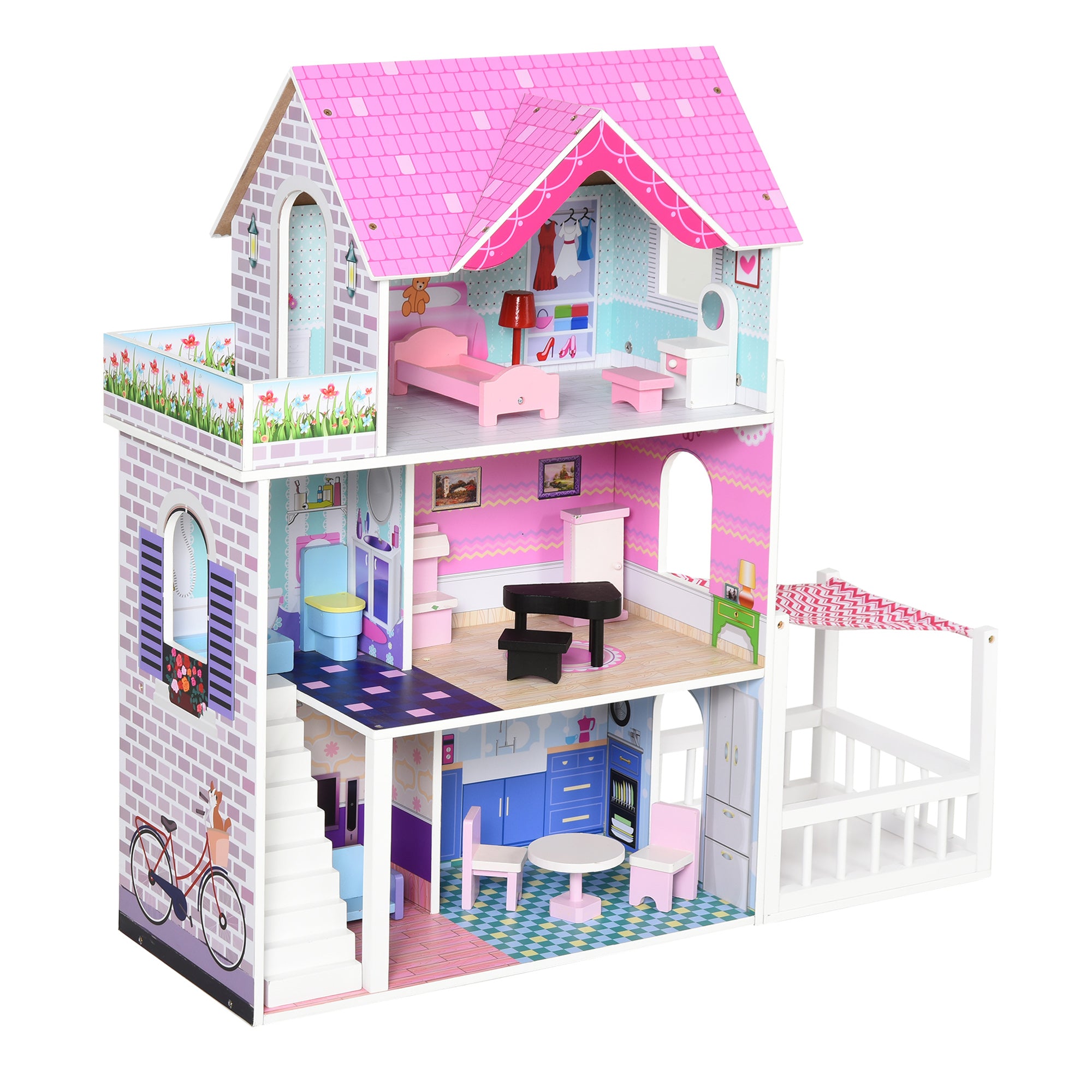 3-Story Wooden Dollhouse with Patio 86x30x87 cm 13-Piece Furniture and Accessories Cute Design Toy Dollhouse Pink