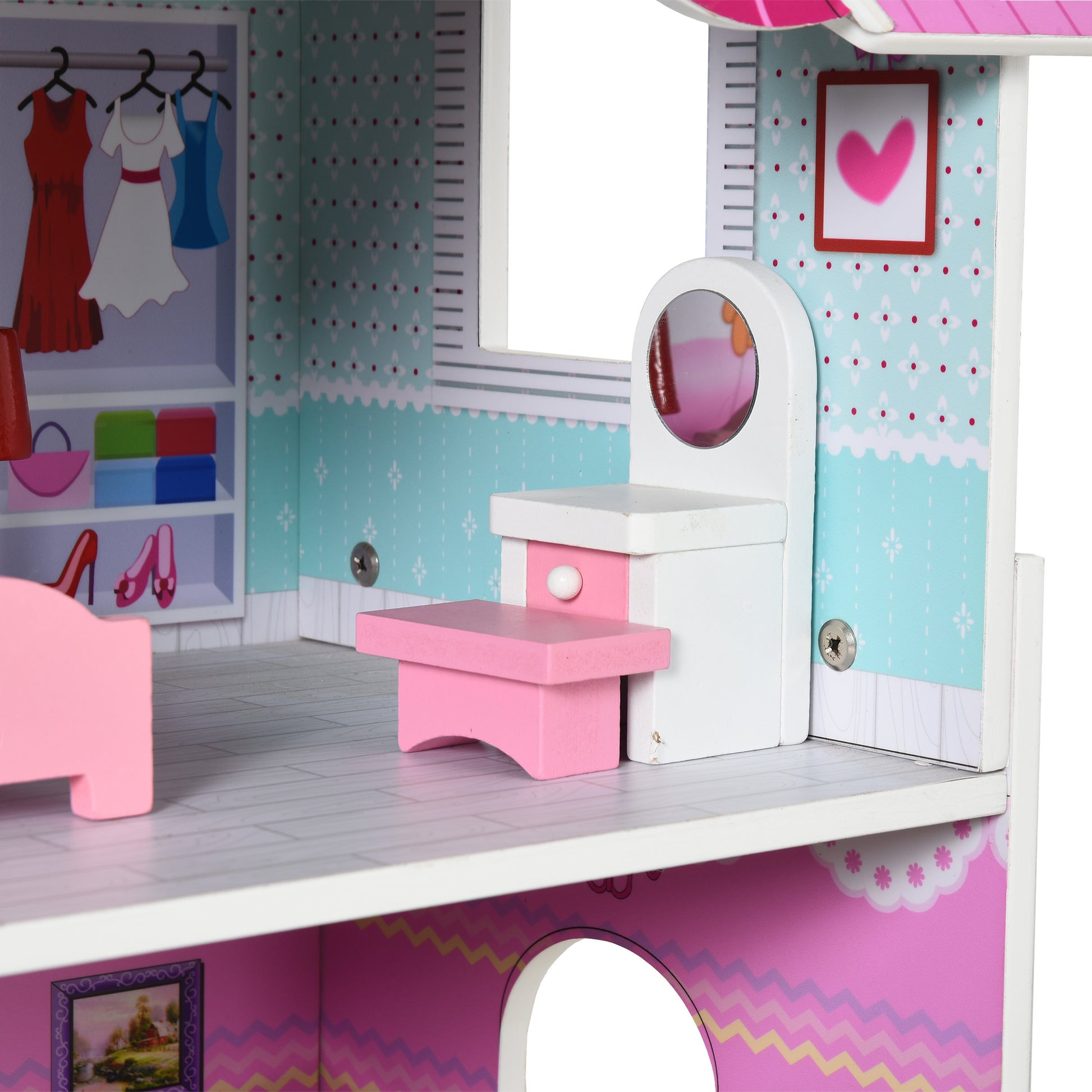 3-Story Wooden Dollhouse with Patio 86x30x87 cm 13-Piece Furniture and Accessories Cute Design Toy Dollhouse Pink