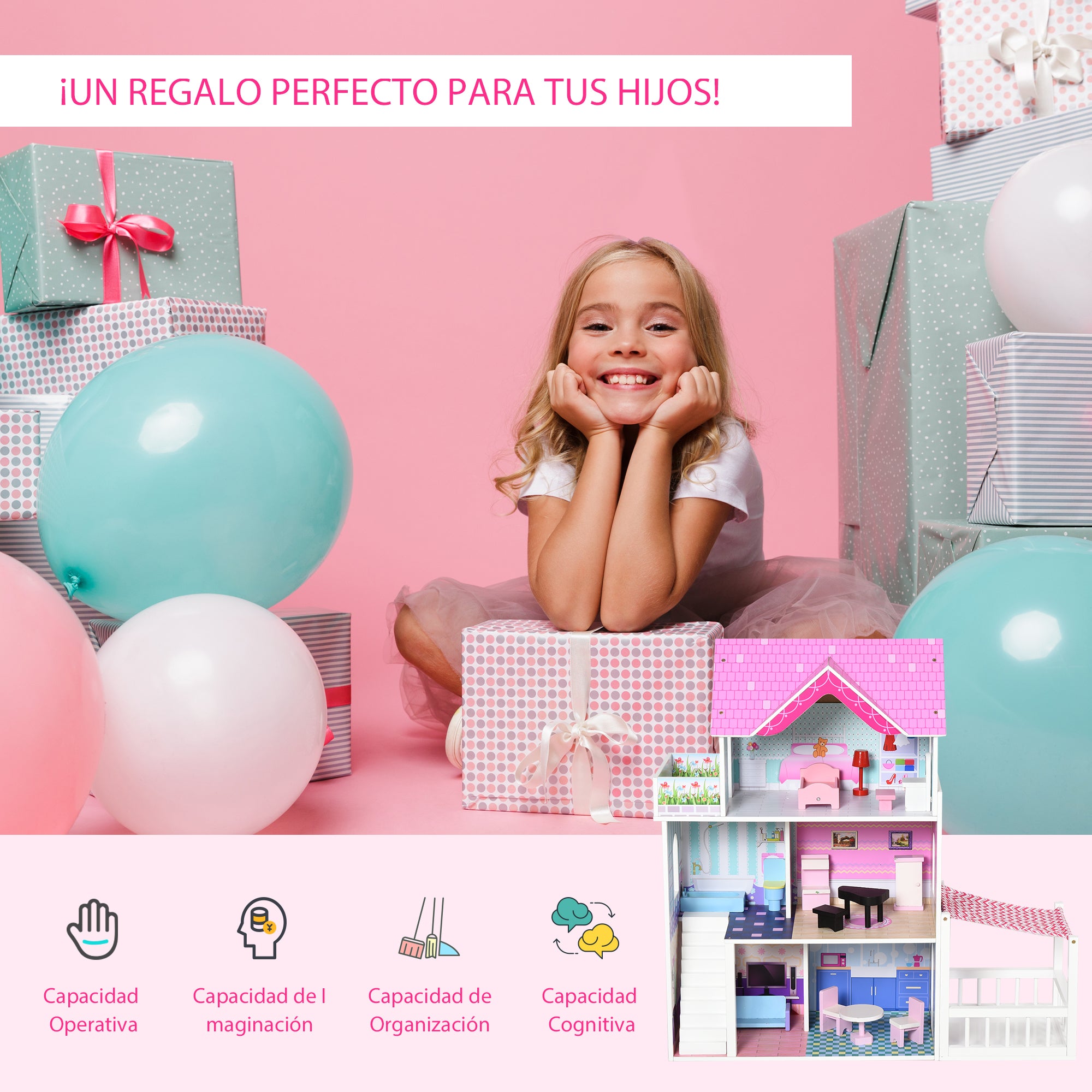3-Story Wooden Dollhouse with Patio 86x30x87 cm 13-Piece Furniture and Accessories Cute Design Toy Dollhouse Pink